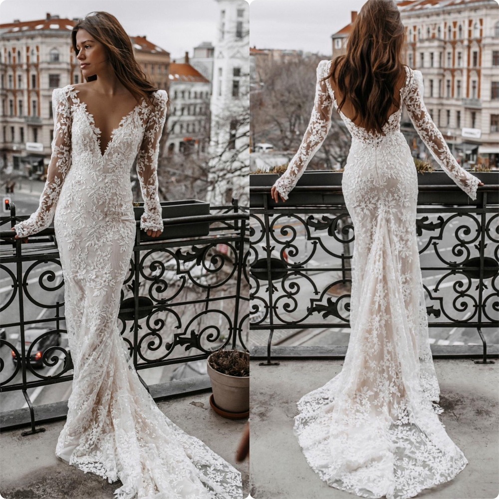 GALIA LAHAV Gala Bay Full Embroidered Beaded Lace Wedding Dress Plunging Neck z0